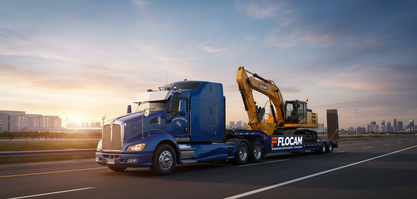 Cama baja transportando maquinaria pesada y equipos sobredimensionados en V Región - Servicio de transporte de cama baja para excavadoras grúas estructuras metálicas - Logística de camiones especializada con conductores certificados permisos especiales - Flocam Transportes Chile